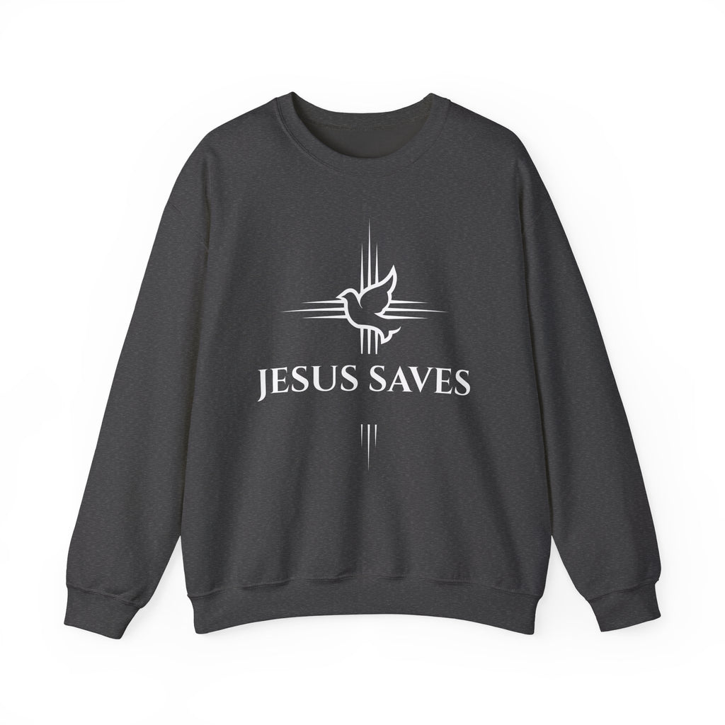 Jesus Saves Crewneck Sweatshirt — Christian Dove Cross Apparel (John 14:6 Back)