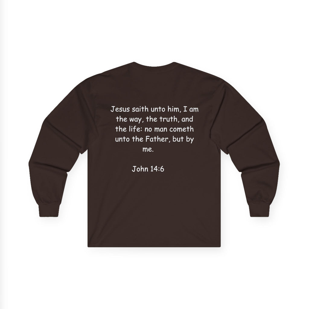 Christian Long Sleeve Tee — "Jesus Saves" with John 14:6 Back