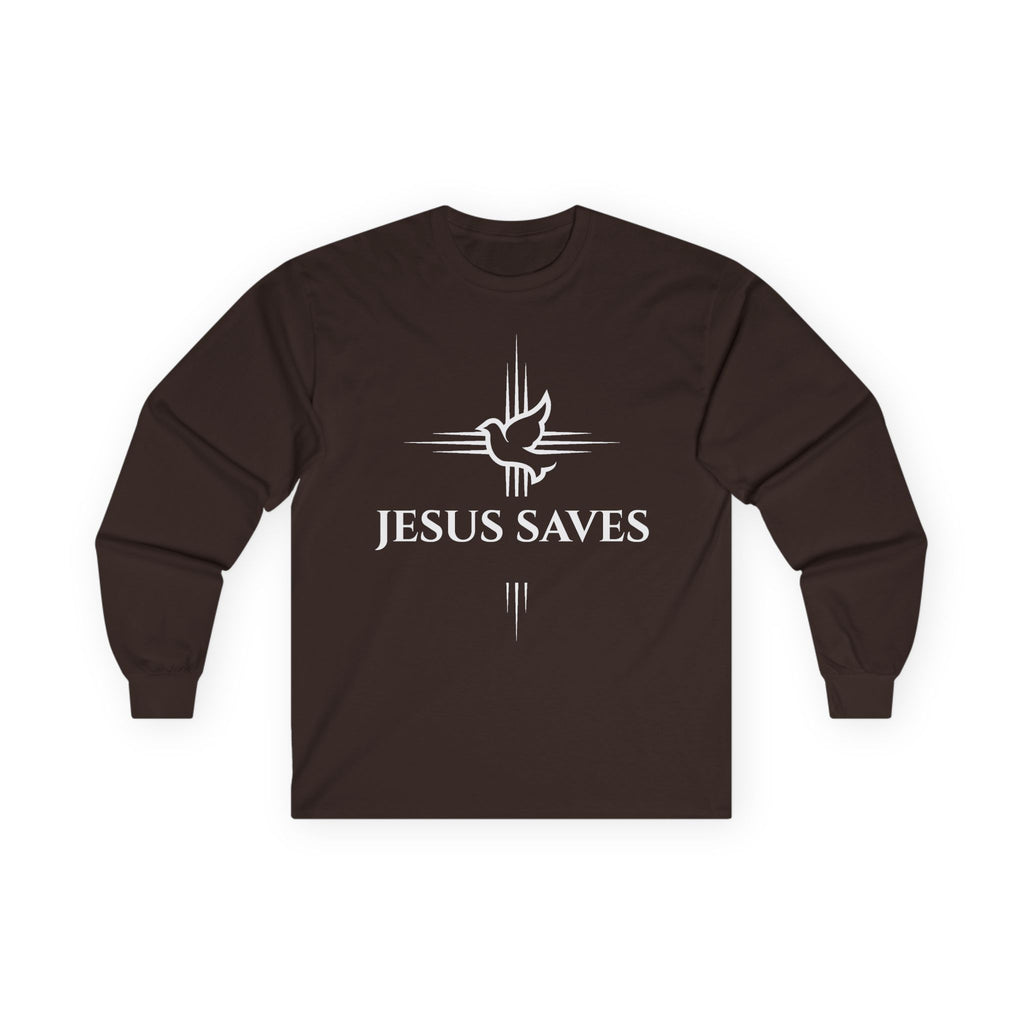 Christian Long Sleeve Tee — "Jesus Saves" with John 14:6 Back