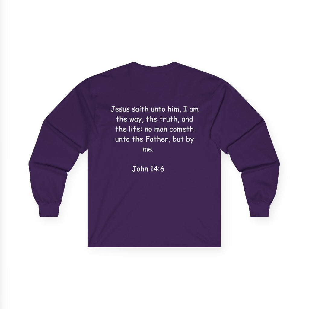 Christian Long Sleeve Tee — "Jesus Saves" with John 14:6 Back