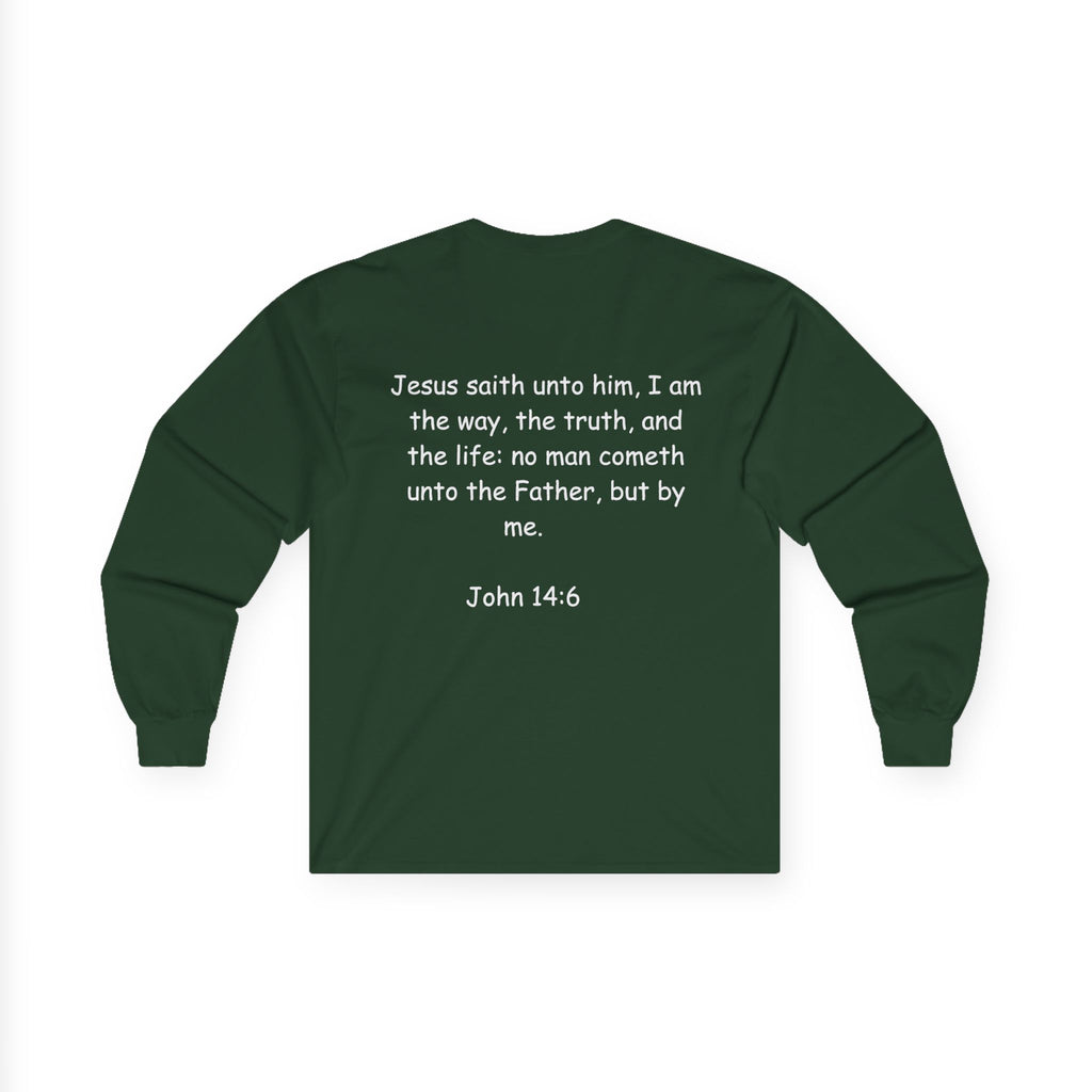 Christian Long Sleeve Tee — "Jesus Saves" with John 14:6 Back