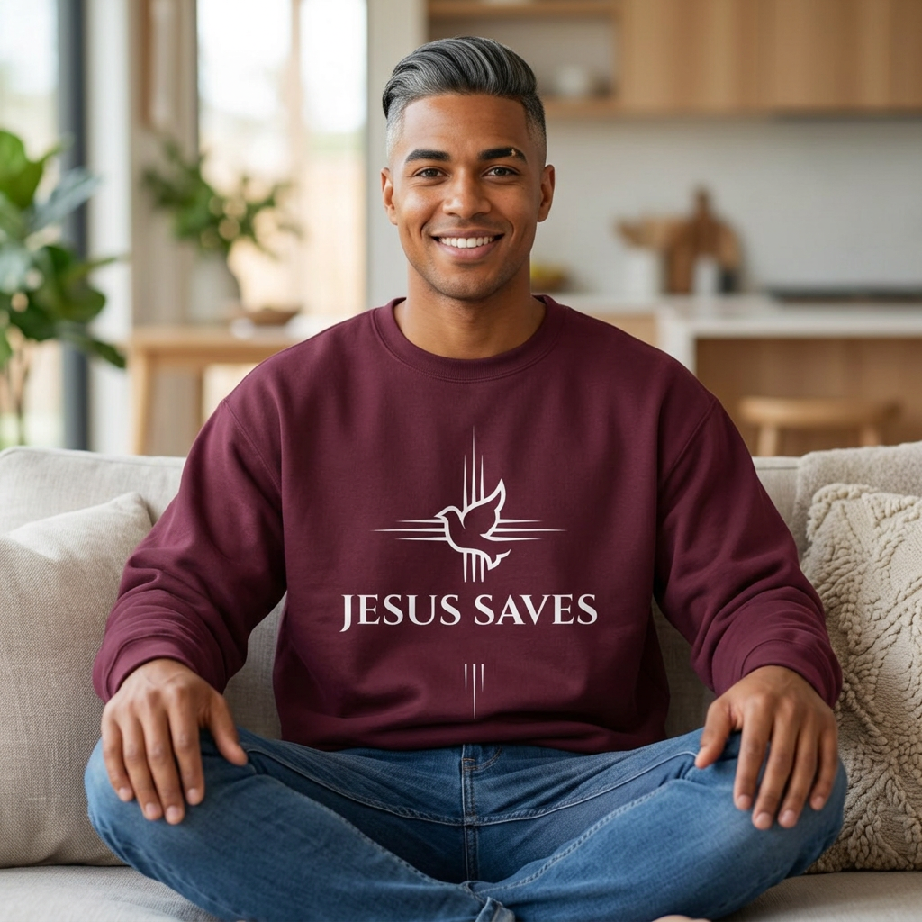Jesus Saves Crewneck Sweatshirt — Christian Dove Cross Apparel (John 14:6 Back)