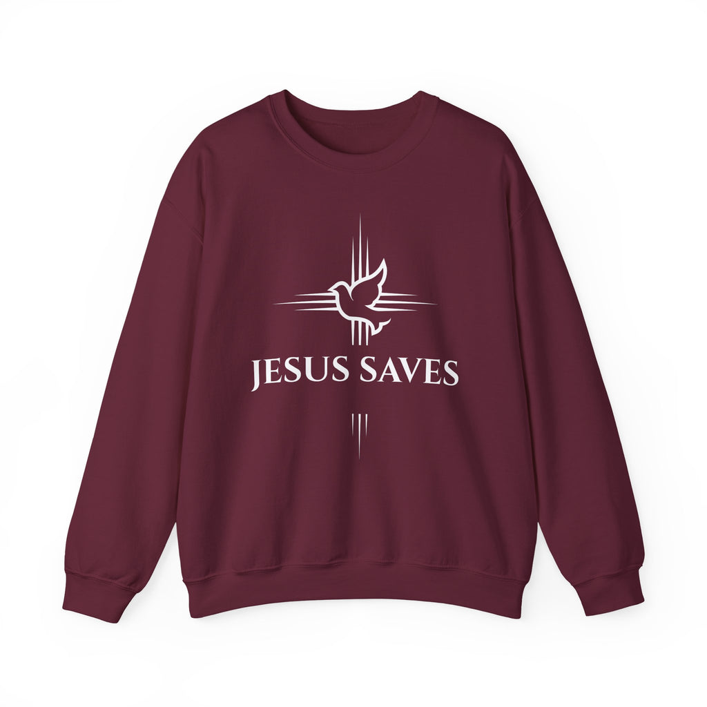 Jesus Saves Crewneck Sweatshirt — Christian Dove Cross Apparel (John 14:6 Back)