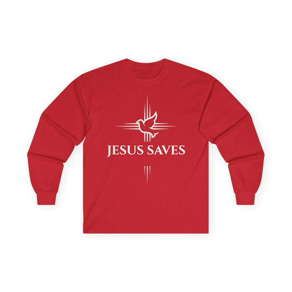 Christian Long Sleeve Tee — "Jesus Saves" with John 14:6 Back